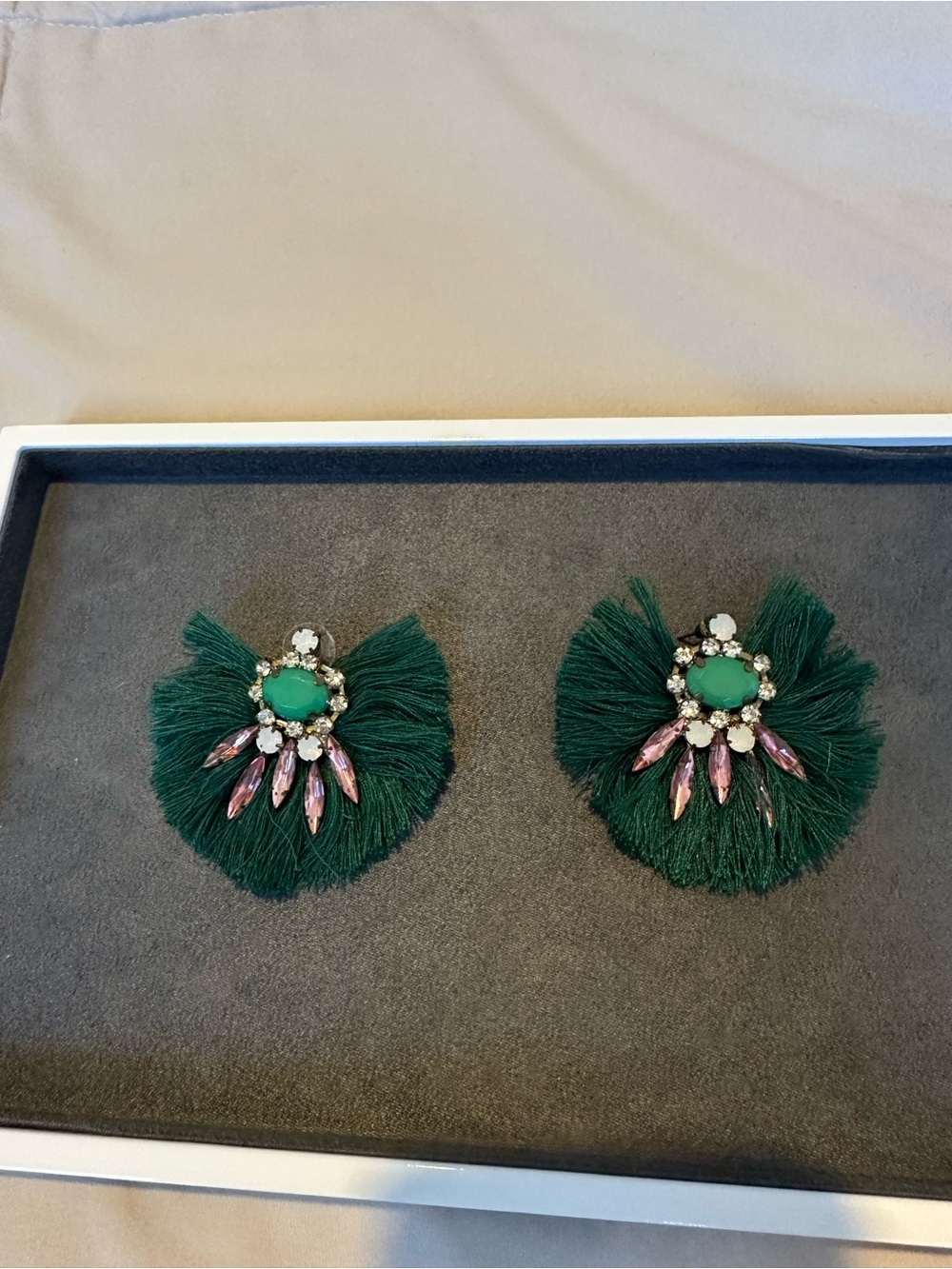 Anthropologie Emerald Green Tassel Crystal Earrings with Pink Accents